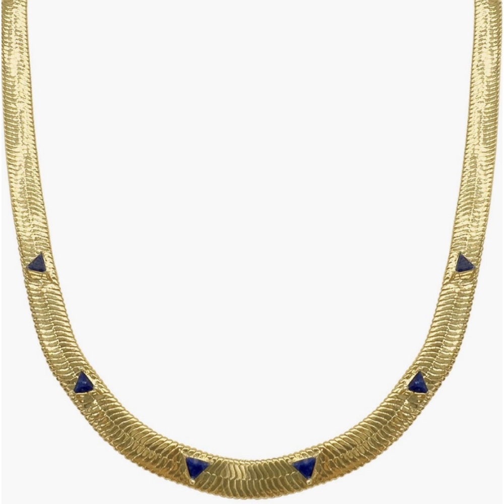 Adornia Fine Jewelry 14k Gold herringbone necklace w trillion cut sapphires, NWT